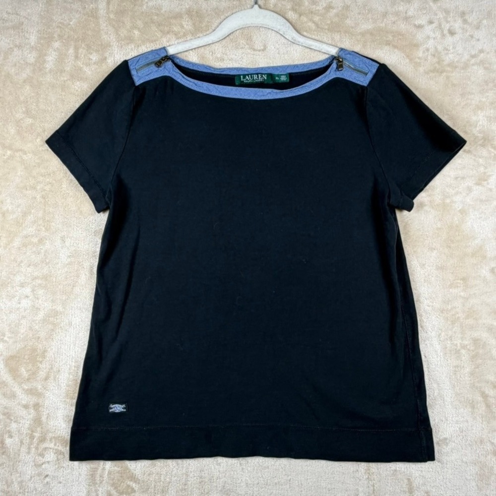 Lauren Ralph Lauren Womens XL Black Cotton Boat Neck Top Blue Chambray Zipper